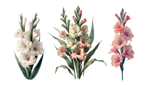 Set of three gladiolus flowers, Vintage botanical