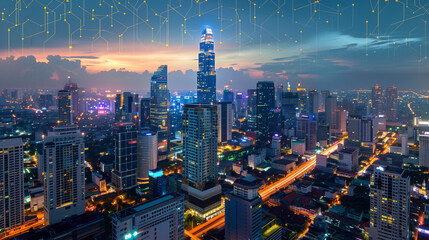 Naklejka premium Cityscape with graphic of network concept, Bangkok, Thailand
