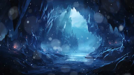 Poster icy world, twilight in a frozen world among icy rocks snowfall, abstract cold blue landscape mountains © kichigin19
