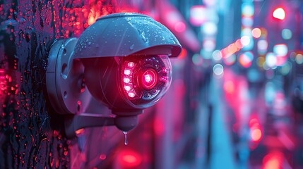 Vigilant Guardian: Glowing Purple Security Camera Keeps Watchful Eye - obrazy, fototapety, plakaty