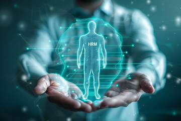 Businessman showing virtual graphic human icon for human development recruitment leadership and customer target group concept. HRM or Human Resource Management