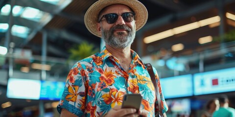 happy man in bright comfy summer clothes and headphones in the airport using smartphone. ai generated