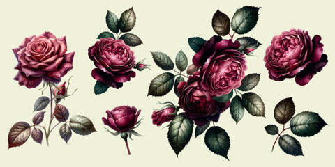 Collection of deep red roses with leaves