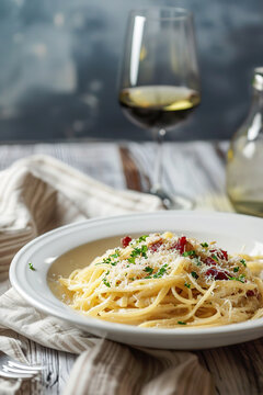 Pasta carbonara , with empty copy space, minimalist, traditional, dining room, natural light, professional food photography