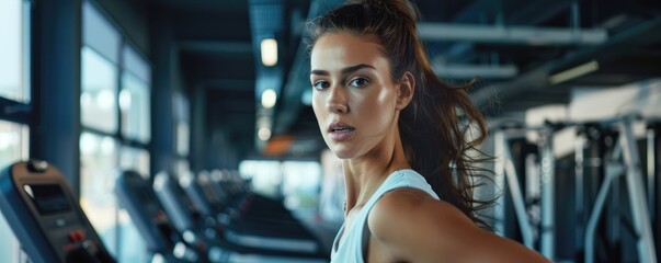 Fitness woman running on treadmill in gym