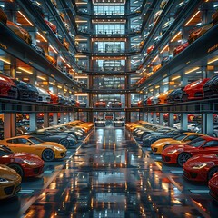 Effortless Efficiency: High-Tech Automated Parking Garage Seamlessly Stacks Cars for Space Optimization - obrazy, fototapety, plakaty