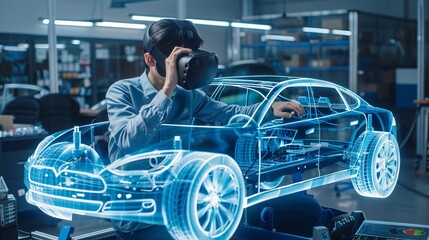 An automotive engineer utilizes a virtual reality headset to design and refine a 3D model of an electric car, with the aid of advanced 3D graphics showing a fully developed vehicle prototype