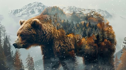 Grizzly bear double exposure design with mountain forest nature background - obrazy, fototapety, plakaty