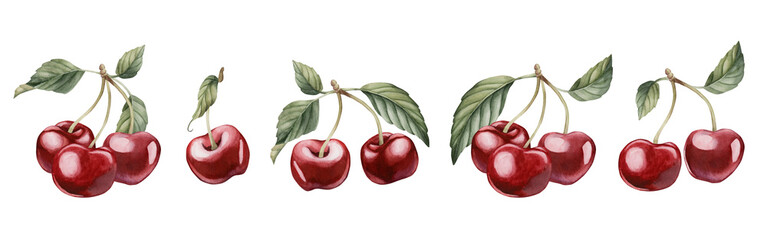 Cherry berries with leaves, watercolor isolated illustration. Set of compositions for table textile, porcelain tableware