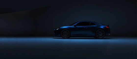 cinematic camera view of a Blue coloured car against a dark and Blue background, highlighting the...