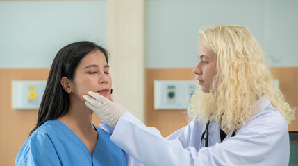 Banner of Woman doctors use ruler measure patient face skin check before filler botox surgery....