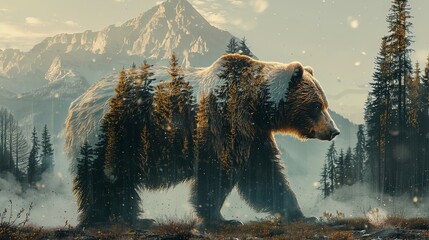 Double exposure design of grizzly brown bear and mountain forest overlay