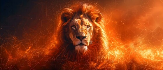 Naklejka premium Polygonal Majesty: Fiery Lion Essence. Concept Animal Portraits, Dramatic Lighting, Bold Colors