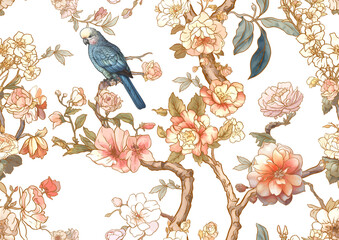 Blossom trees with sparrow and parrots Seamless pattern, background. Vector illustration. In Chinoiserie, botanical style - 786211236