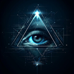 All seeing eye symbol with digital artificial intelligence cyber conspiracy theme