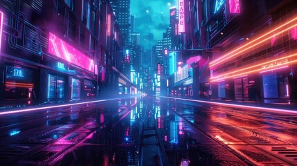 A surreal vision of an extraterrestrial cityscape, where neon lights and futuristic architecture...