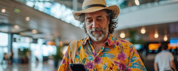 happy man in bright comfy summer clothes and headphones in the airport using smartphone. ai generated - obrazy, fototapety, plakaty