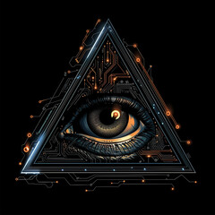 All seeing eye symbol with digital artificial intelligence cyber conspiracy theme