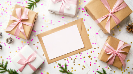 Festive Gift Boxes and Greeting Card Mockup with Pink Ribbons