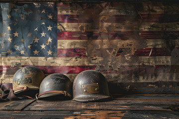Military helmets with an American flag on Veterans or Memorial Day. - obrazy, fototapety, plakaty