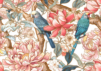 Blossom trees with sparrow and parrots Seamless pattern, background. Vector illustration. In Chinoiserie, botanical style - 786211658