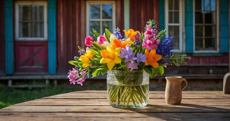 bouquet of flowers isolated on colorful house background