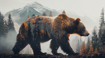 Grizzly bear double exposure design with mountain forest nature background