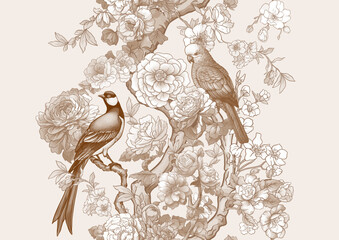Blossom trees with sparrow and parrots Seamless pattern, background. Vector illustration. In Chinoiserie, botanical style - 786212000