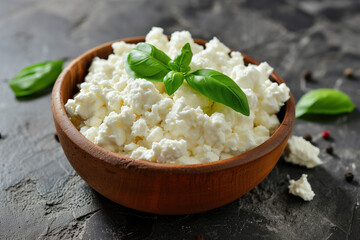 Fresh homemade Italian ricotta cheese in a wooden bowl with basil garnish. - Powered by Adobe