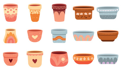 A set of empty flower pots with a vector design illustration highlighted on white, differently colored pots