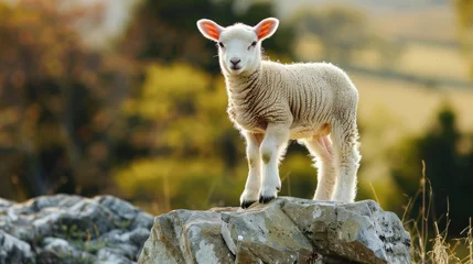 Foto op Plexiglas A young sheep standing on a boulder © 2rogan