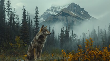 Closeup portrait of grey wolf in the mountains looking at cliffs