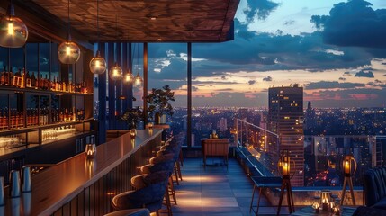 A stylish rooftop bar with panoramic views of the city skyline, providing a sophisticated setting for networking events, client meetings, and after-work socializing amidst the twinkling lights 