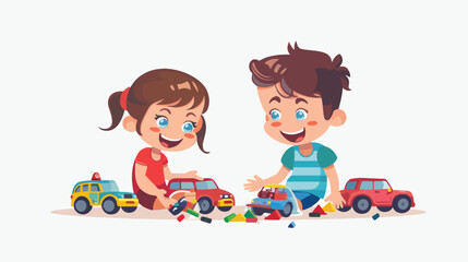 Smiling girl  boy kids playing with toy cars