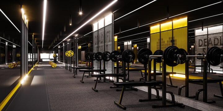 Modern gym interior design. Industrial gym concept design. 3D Rendering, 3D Illustration