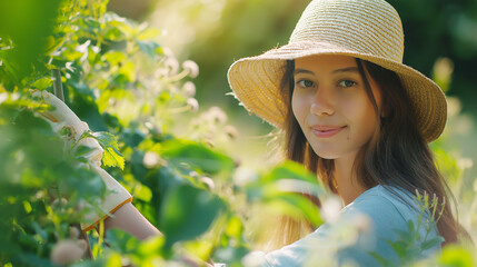 Buetiful young woman with a straw hat and gardening gloves, tenderly tending to their plants with a contented smile. Show the interplay of light and shadow, the vibrant colors of blossoms - Powered by Adobe
