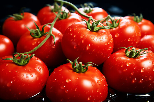 A close up image of a cluster of ripe tomatoes with water droplets on their skin, against a black back ground.