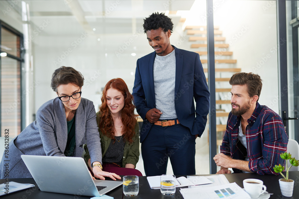 Poster laptop, teamwork or people in startup for problem solving, conversation or discussion for tech news.