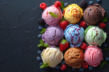 Creative food concept. Row of Scoop balls of colourful flavours gelato sorbet ice cream on dark concrete background with scattered strawberry raspberry blueberries fruits and leaf. Copy text space.  - obrazy, fototapety, plakaty