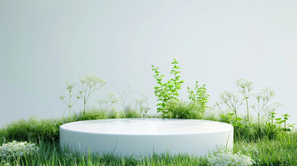 Green podium product presentation mock up with green branches and leaves