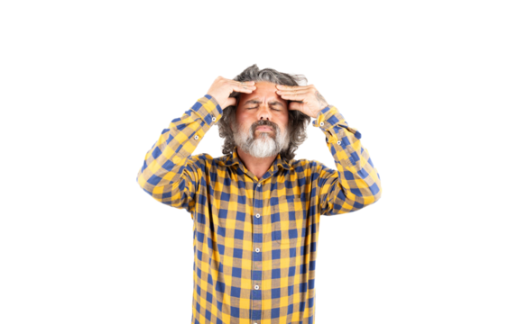 A man with a beard and a plaid shirt complains of a headache. Headache