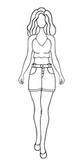 Lady wearing a short top with one strap around the neck and denim shorts with pockets and a belt.