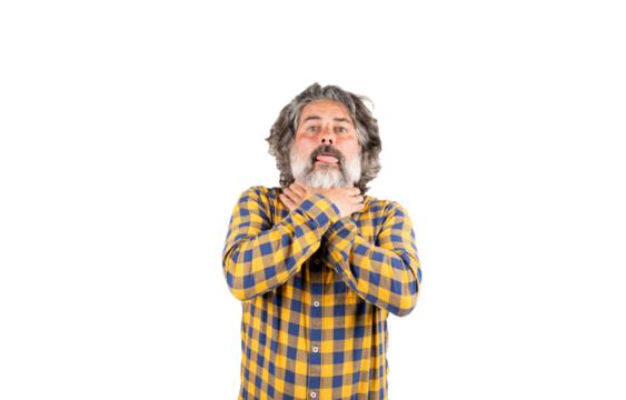 A bearded middle-aged man suffocating from painful strangulation. Health problem.