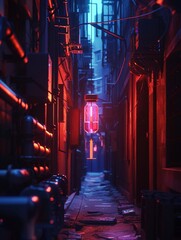 A vaccine vial lighting up a dark alley, symbolizing hope, neon art style