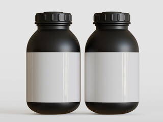 Black plastic bottle with blank label on white background, 3d rendering.