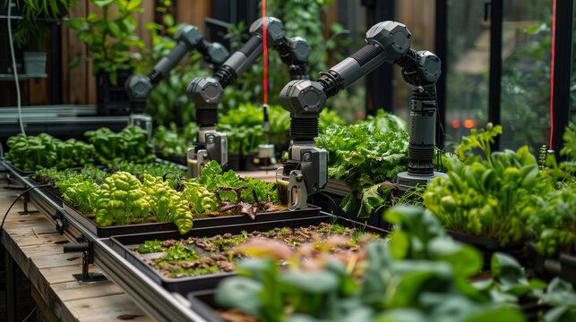 Smart hydroponic farm run by robots, Agriculture technology,  Generative AI