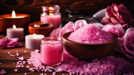 Relaxing spa ambiance with rose crystals, sea salt, and candle decor for zen treatment