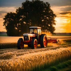 A futuristic Techno Machinery tractor logo.a 1960s Massey Ferguson tractor driving through a field...