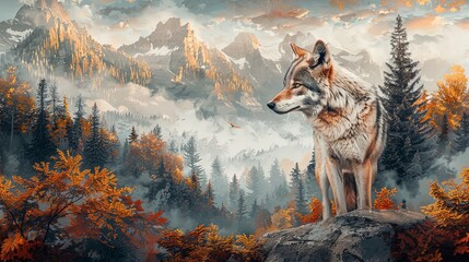 Grey wolf closeup portrait in the mountains with forest - obrazy, fototapety, plakaty