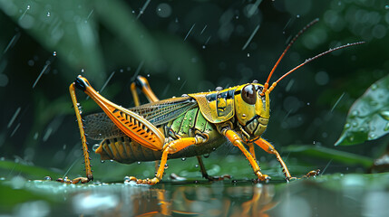 Fototapeta premium illustration of a grasshopper in the rain flat style